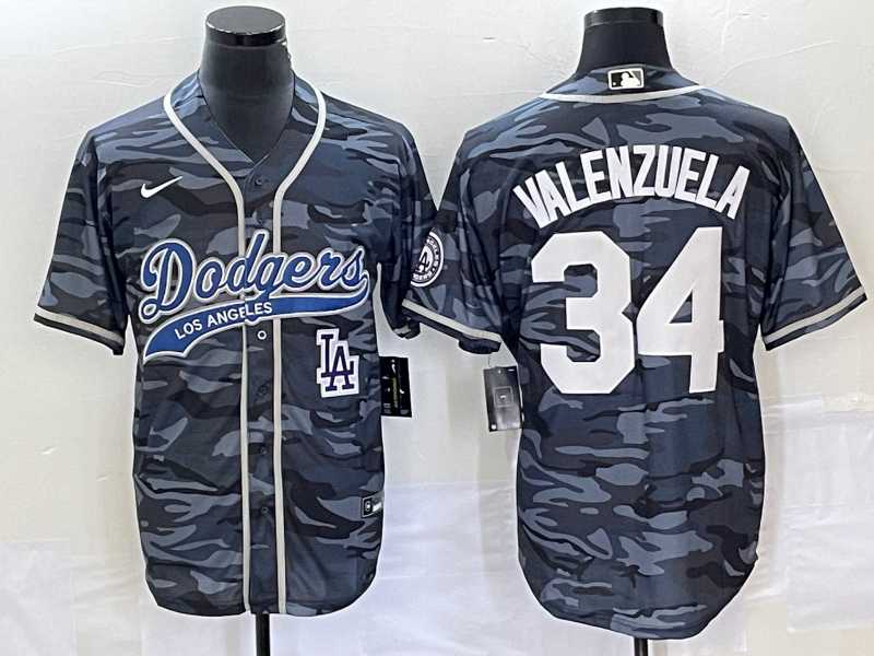 Mens Los Angeles Dodgers #34 Toro Valenzuela Gray Camo Cool Base With Patch Stitched Baseball Jersey